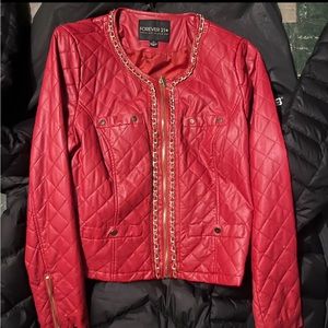 Red quilted leather jacket with gold hardware